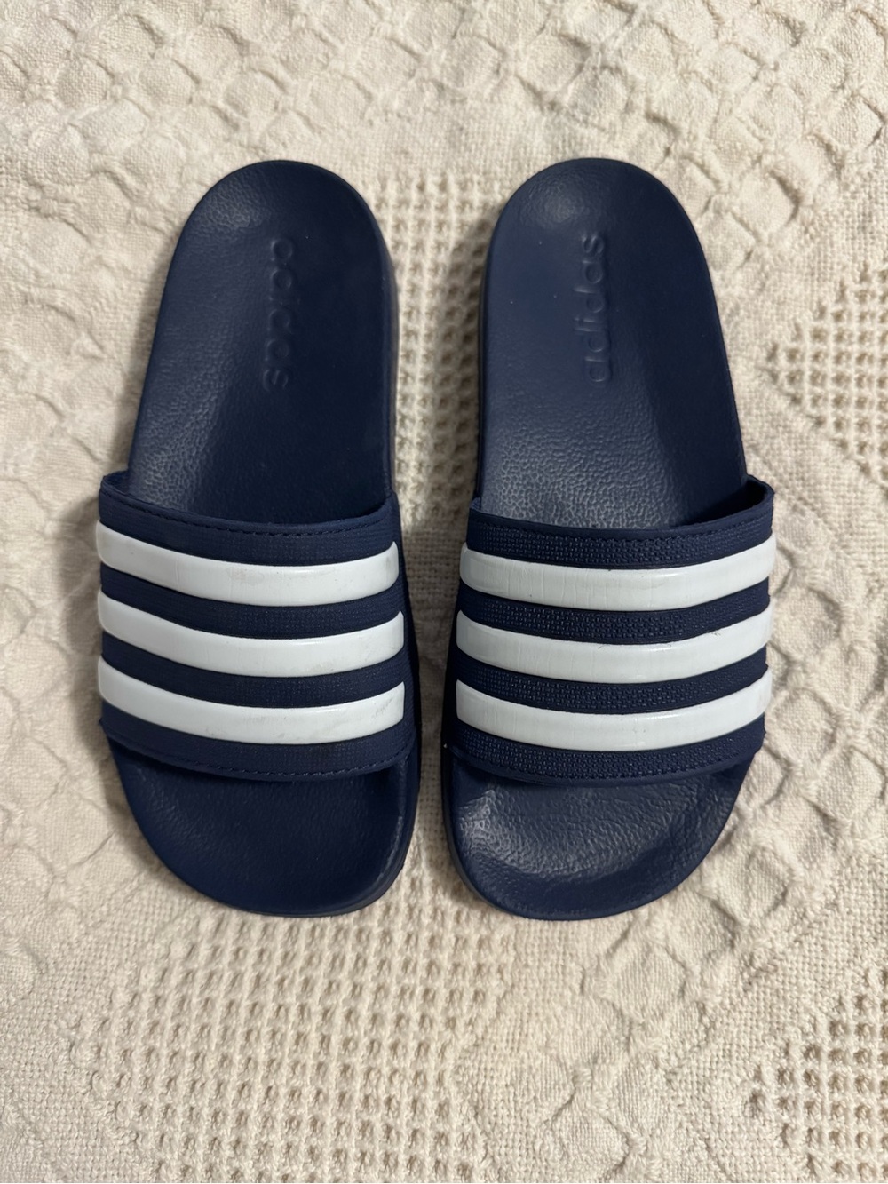 Boys size 2 Adidas Navy Slide Sandals with White Stripes